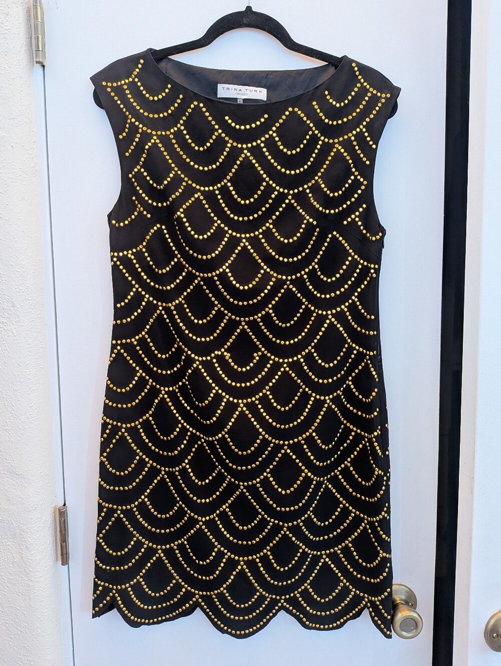 Trina Turk Black Mini Dress w Gold Stud Pattern Size Small Scalloped Hrm Lined